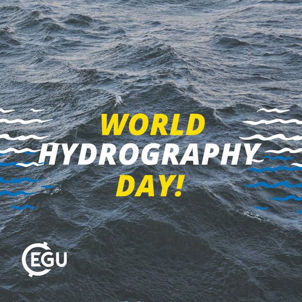 Image description: Dark blue sea background with text reading:" 'World Hydrography Day!"