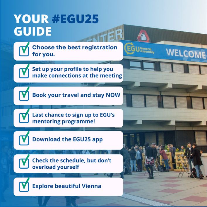 Image description:  Attendees entering the venue with a 'Welcome' banner.With text that reads:"Your #EGU25 guide" accompanied with a checklist.
