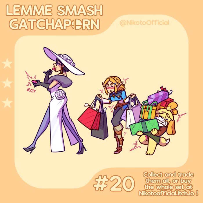 This NSFW trading card depicts Bayonetta, wearing her formal dress from the intro of Bayonetta 2 as she leads TOTK's Zelda and Animal Crossing's Isabelle on a shopping spree! Zelda and Isabelle are fully dressed, carrying all of Bayonetta's presents, though both are suffering from the pleasure of the remote vibrators that Bayo's casually playing with the controller of as she sucks on a lollipop. 
Happy Holidays!