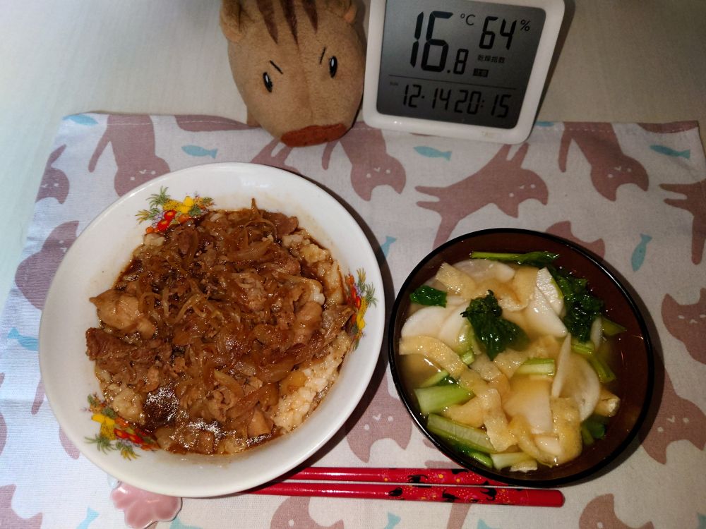 一昨日のお仕事前の朝ごはん［豚丼（つゆだく）＋蕪のお味噌汁］