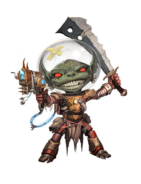 Starfinder space goblin menacing the screen with a laser pistol
