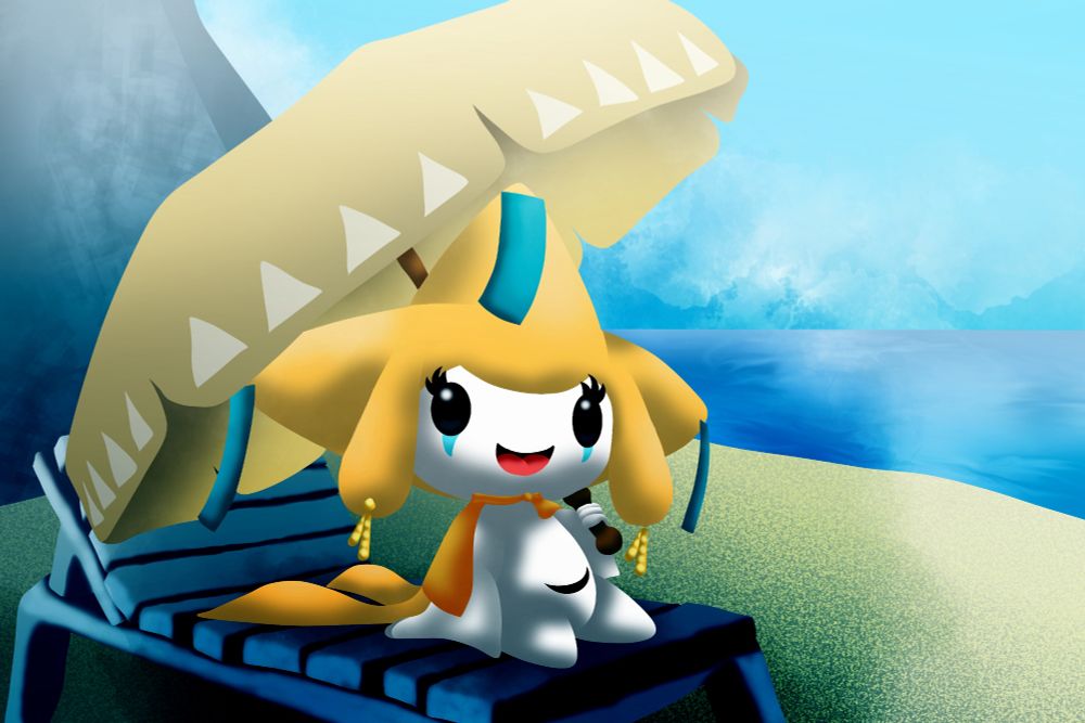 Deviantart drawing link:
https://www.deviantart.com/theawesomemew/art/Desily-at-the-beach-1198335892

Even though it's not summer yet, it's getting hot here and it looks like summer arrived too early. 

Anyway since summer is coming I drew Desily the Jirachi (who I haven't drawn for a long time) taking a vacation in Sanctuary Island and enjoying the sun.

Hope you like it.