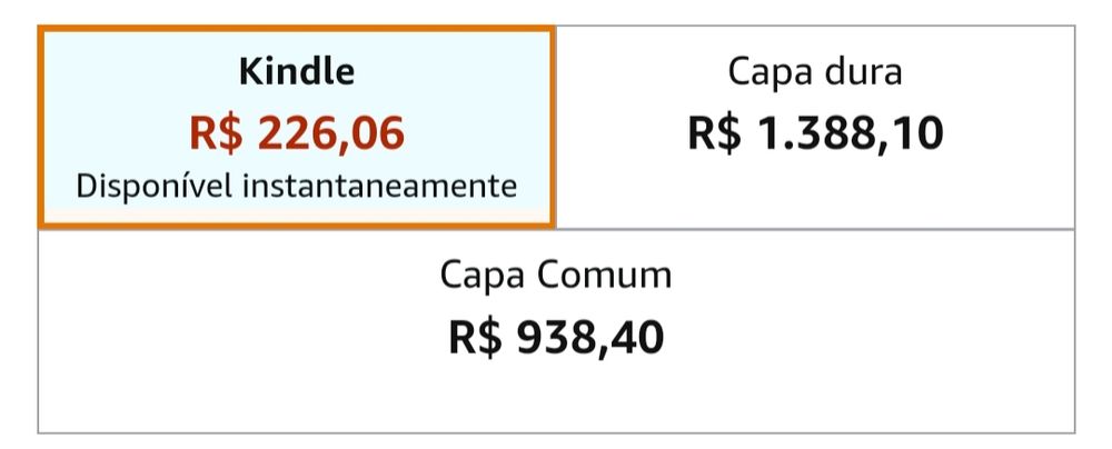 Print com os preços de um livro na Amazon: 226 reais digital, 938 com capa comum e 1388 com capa dura