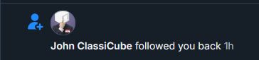 Screenshot: "John ClassiCube followed you back"