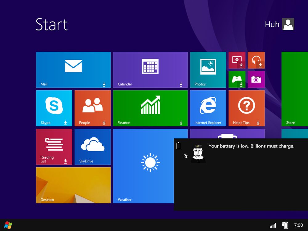 Windows 8.1 start screen with my own Metro Horizon mockup at the bottom. A notification says “Your battery is low. Billions must charge.”