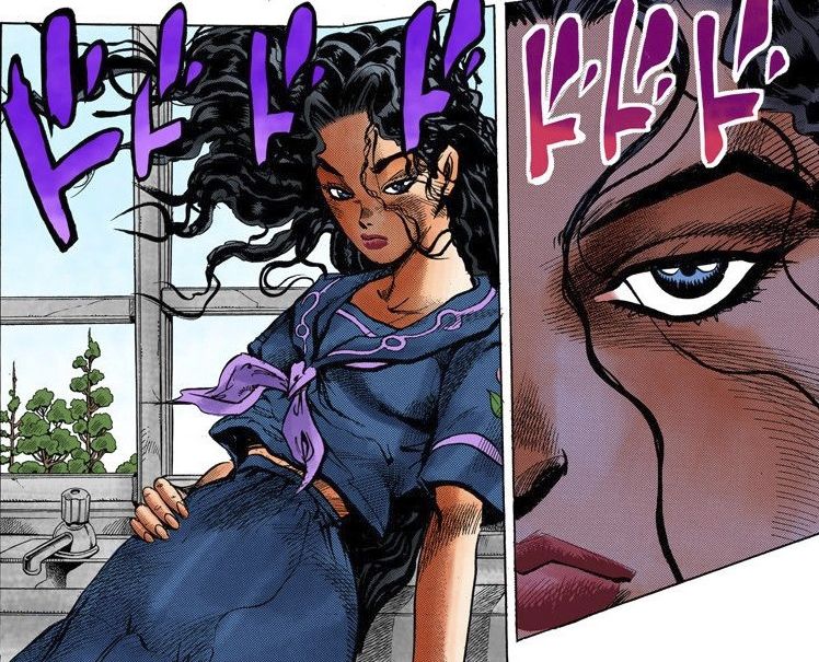 colored manga panels of Yukako Yamagishi from JJBA with ominous sound effects running across the top. the first panel is a close-up of the left side of her face, strands of black hair hanging in front like cracks in a facade while she glares at the camera. the next panel zooms out to show her lounging against a window. she's still glaring, still has a few strands of hair in her face, but the rest of her hair is actively climbing the window like ivy, and her ability to make it do that is Love Deluxe.