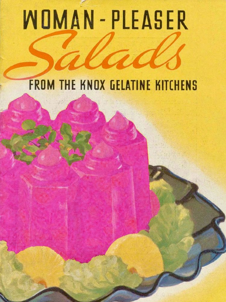 A vintage illustration of an elaborate orange molded jello creation with green garnish and pineapple slices with the title MAN-PLEASER SALADS, except it's been roughly edited to make the jello magenta and the title read "Woman-Pleaser Salads"
