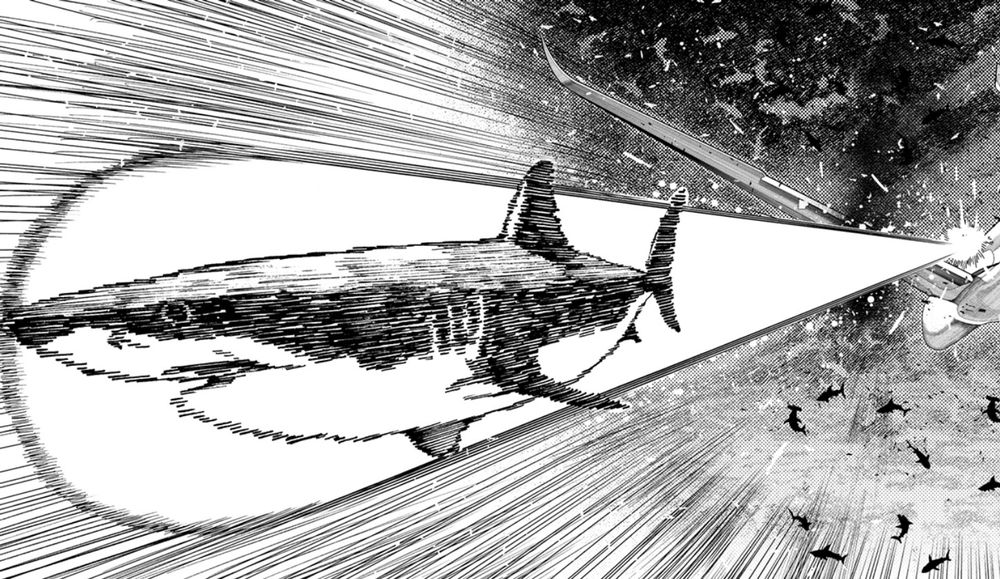 great white shark engulfed in a beam of light as it rockets away from a passenger jet, with more sharks of various species raining down in the background. chaos. madness. I want to throw a shark at something with the power of my mind.