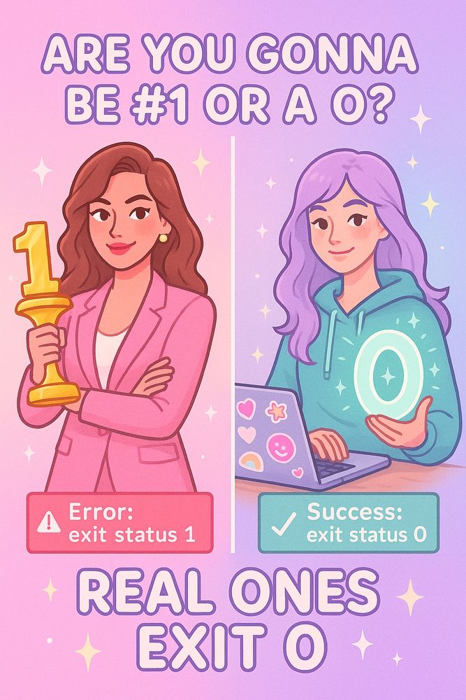 Split-panel pastel illustration with the caption “Are you gonna be #1 or a 0?” Above, on the left, a confident woman in a pink blazer holds a shiny gold number one trophy. Below her is a red error message reading “Error: exit status 1.” On the right, a chill woman with lavender hair in a teal hoodie holds a glowing number zero while sitting at a sticker-covered laptop. Her side is labeled with a green success message: “Success: exit status 0.” Beneath both panels is the tagline “REAL ONES EXIT 0” in bold lettering.

This meme-style artwork plays on Unix shell conventions, where a process that finishes successfully exits with status code 0, and errors exit with code 1 or higher. The cultural punchline flips mainstream notions of “being number one” by celebrating stability, quiet success, and correct code execution over flashier but broken performance. It’s beloved by coders, DevOps engineers, and anyone who’s spent late nights chasing green checkmarks in CI pipelines.

This is terminal humor with pastel swagger—where “zero” isn’t nothing, it’s everything. Real ones don’t crash, they compile, deploy, and vibe out in soft hoodies with stickered laptops and clean logs.