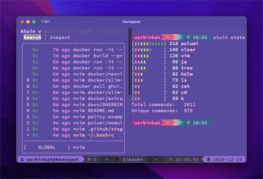 A terminal window using iTerm2 with tmux showing Atuin, a multi-system terminal history utility. The left pane displays a searchable command history with timestamps, featuring recent commands like docker run, nvim, and pulumi. The right pane shows Atuin stats, listing frequently used commands with horizontal bar graphs, including pulumi (218), clear (140), and vim (120). Total commands are 2011, with 976 unique commands. The terminal prompt shows usrbinkat@honeypot, and the interface has a purple theme with a clock and date displayed in the bottom bar.