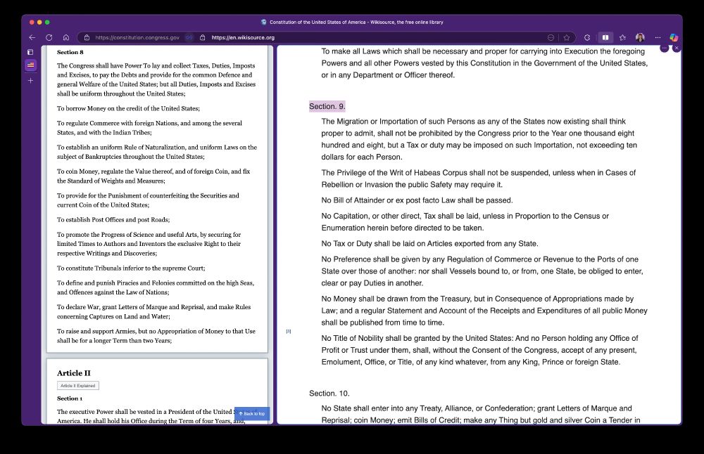 Split-screen screenshot of the U.S. Constitution shown in two tabs—on the left is Section 8 (powers of Congress) from constitution.congress.gov, and on the right is Section 9 (limits on federal power) from en.wikisource.org. The right pane highlights protections such as habeas corpus, bans on bills of attainder, ex post facto laws, capitation taxes, port preferences, secret spending, and royal titles.

Section 9 is one of the Constitution’s most critical safeguards against authoritarian overreach. It limits the federal government’s ability to detain people without cause, levy unfair taxes, or grant nobility. It also forces public disclosure of federal spending and prevents Congress from favoring specific states’ ports—ensuring fairness, transparency, and civil liberty.

These protections, written in 1787, directly protect you from federal abuse. March in the streets now!