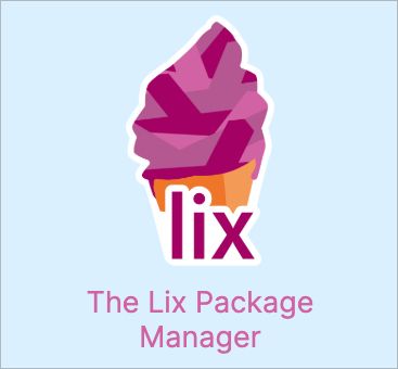 A logo for the Lix Package Manager, featuring a stylized ice cream cone made of purple and pink angular shapes resembling lambda symbols (λ), a reference to functional programming. Below the logo, the text "lix" is prominently displayed in lowercase letters, with "The Lix Package Manager" written underneath in a matching pinkish-purple font. The background is light blue. Lix is an independent, community-driven variant of the Nix package manager, designed to be more user-friendly, modern, and adaptable while maintaining compatibility with existing Nix expressions. The ice cream motif reinforces its branding as a "delicious" alternative to Nix.