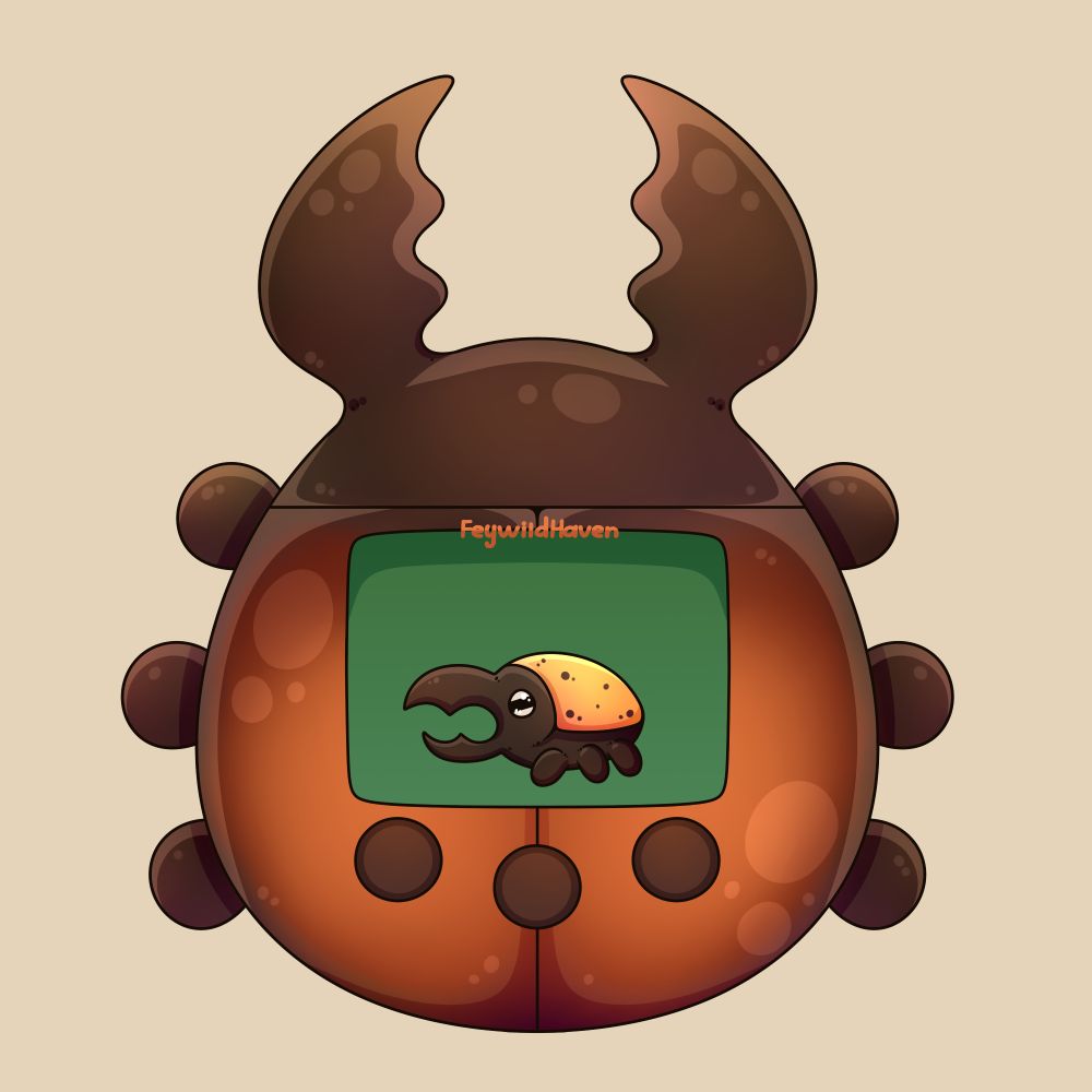 A virtual pet shaker charm shaped like a stag beetle, with a Hercules beetle inside!
