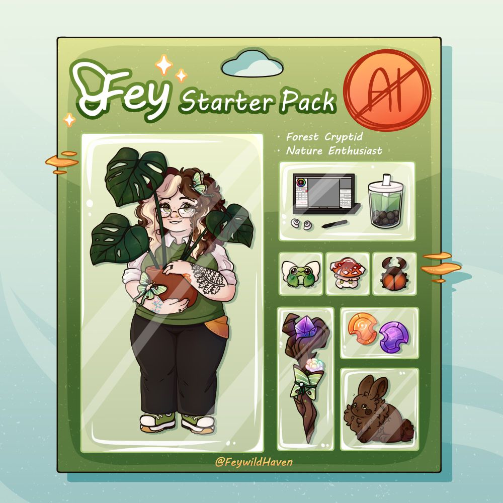 My very own anti-AI starter pack! I drew a "doll" version of myself alongside a handful of creatures and things! There's a laptop with an art program open on it, some earbuds, bubble tea. There's Pond, the frog, as well as Sorrel, the mushroom sprite, and Twig, the beetle! There's an enchanted staff with an Elpis flower in it (from FFXIV), there are two crystals from FFXIV representing the characters Azem and Emet-Selch. There's a little brown bunny named Fae!