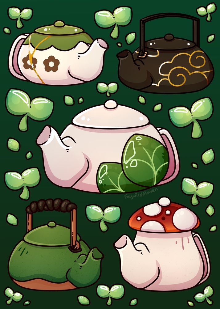 A print with five cute teapots of varying styles! Top left is white and green with brown flowers and kintsugi. Top right is black with gold cloud accents. Middle is white with green leaves. Bottom left is a textured green teapot. Bottom right is a mushroom teapot!