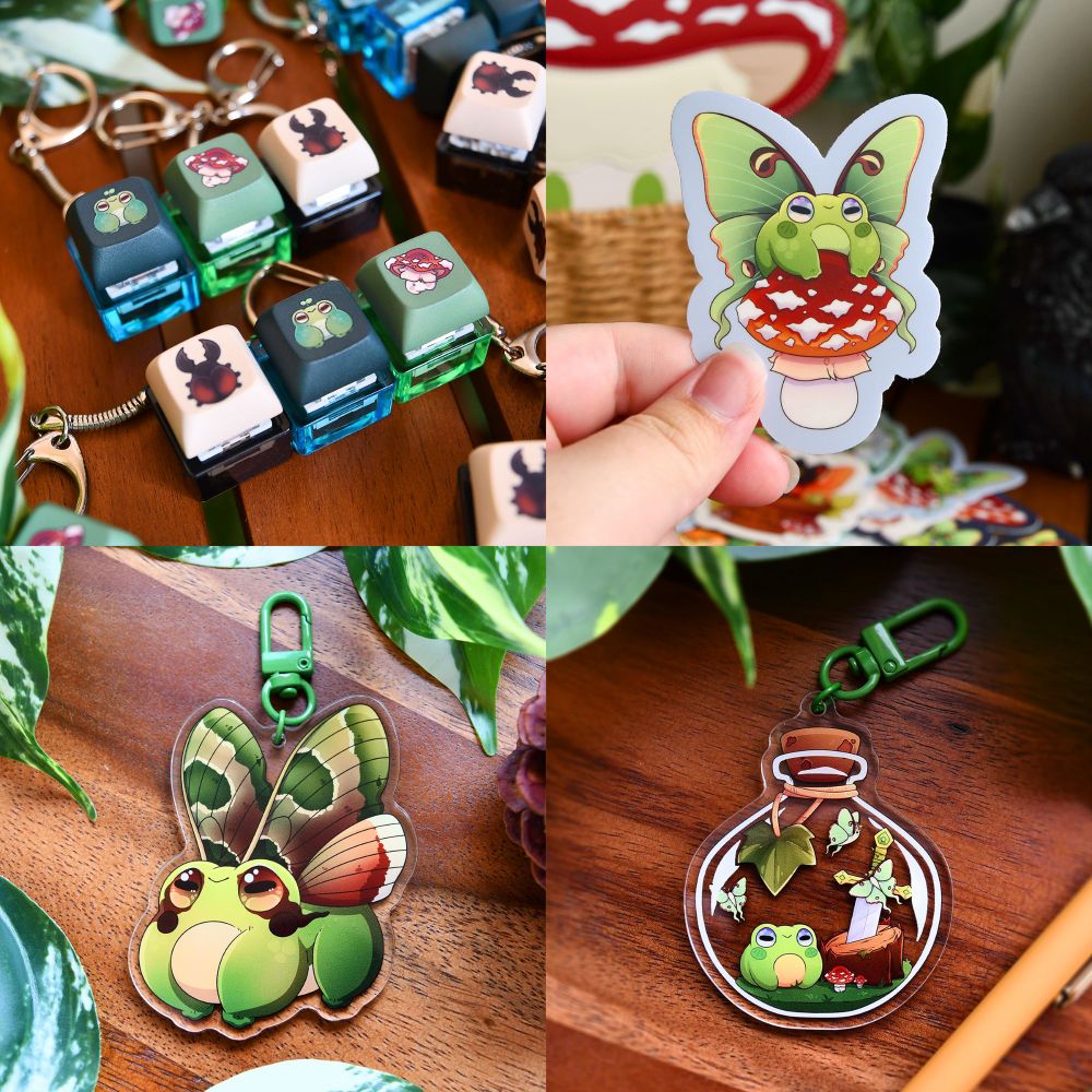 Keycap keychains with frogs, beetles, and mushroom sprites. Frog fairy sticker and charm. Frog in a bottle with a sword.