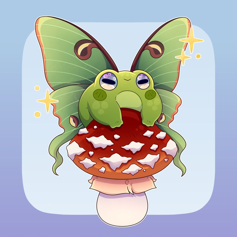 Green frog with luna moth wings resting atop a fly agaric mushroom!