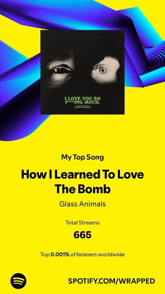 "How I Learned To Love The Bomb" by Glass Animals was my top song. I was in the top 0.001% of listeners for it!