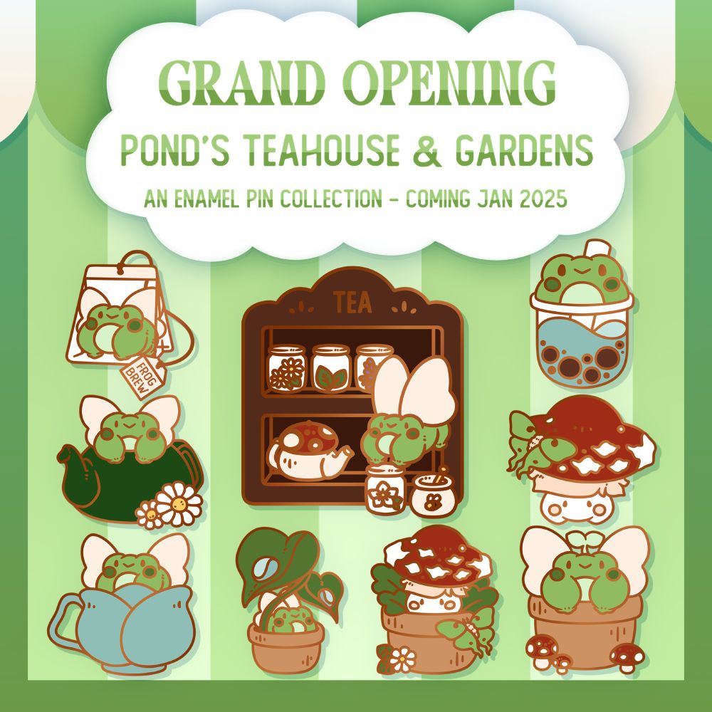 A cute enamel pin series themed around Pond the magical frog and their Teahouse & Gardens!
