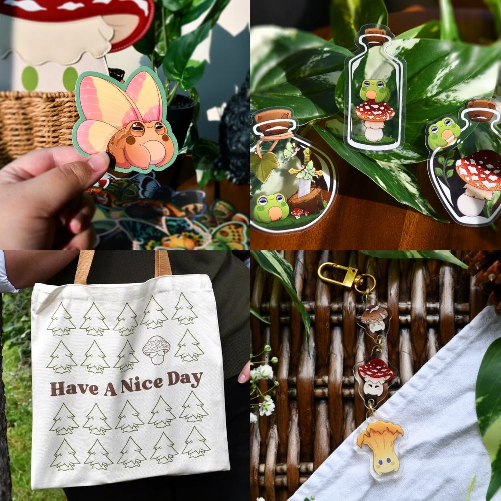 Frog fairy sticker. Frogs in bottles stickers. Tote bags that say "Have A Nice Day". 3 piece hanging acrylic charm with 3 mushroom sprites (brown shiitake, fly agaric, chanterelle).