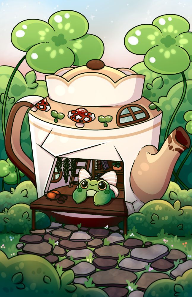 Pond the frog in a broken teapot they're using as a shop!