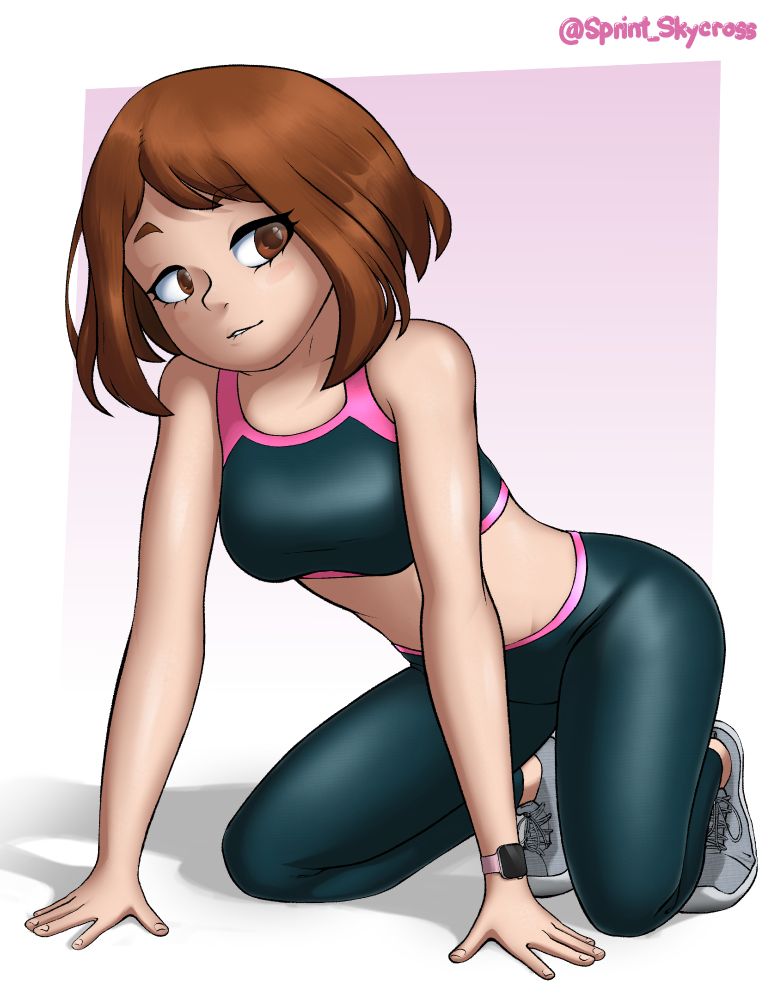 Ochaco Uraraka from my hero academia, kneeling down, wearing gym clothes.