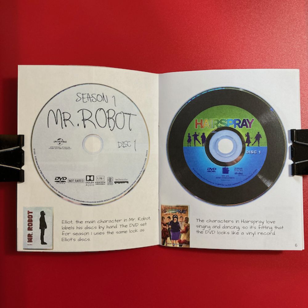 Two inside pages of a zine featuring a disc from Mr. Robot season 1 and a disc from Hairspray