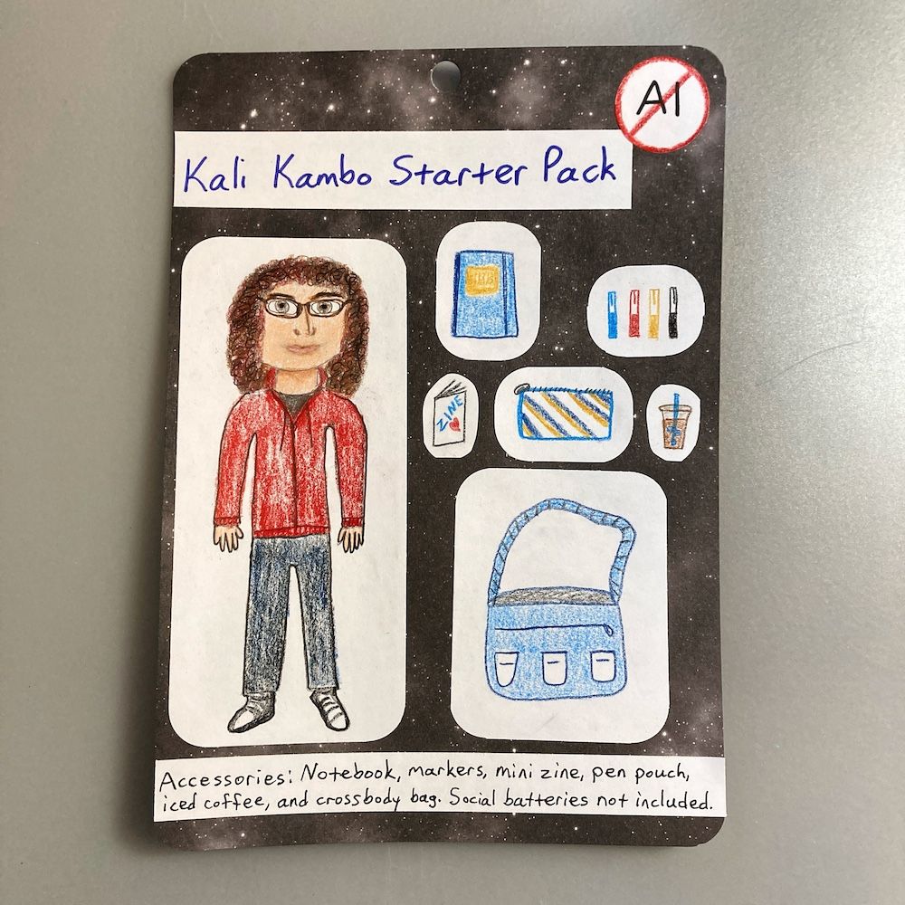 Hand-drawn illustrations of an action figure based on Kali Kambo, with several accessories: a notebook, markers, mini zine, pen pouch, iced coffee, and crossbody bag