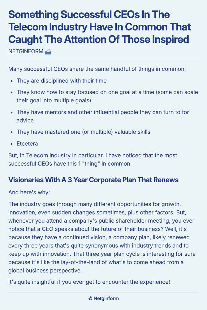 A screenshot essay titled 'Something Successful CEOs In The Telecom Industry Have In Common That Caught The Attention Of Those Inspired' presents insights on common traits among successful CEOs. The body outlines key characteristics including discipline with time, focus on goals, the presence of mentors, and mastery of valuable skills. It highlights a specific commonality among successful telecom CEOs: the implementation of a visionary three-year corporate plan that is regularly renewed. The essay emphasizes the importance of having a forward-looking plan that adapts to industry trends and innovations, as noted during public shareholder meetings.
