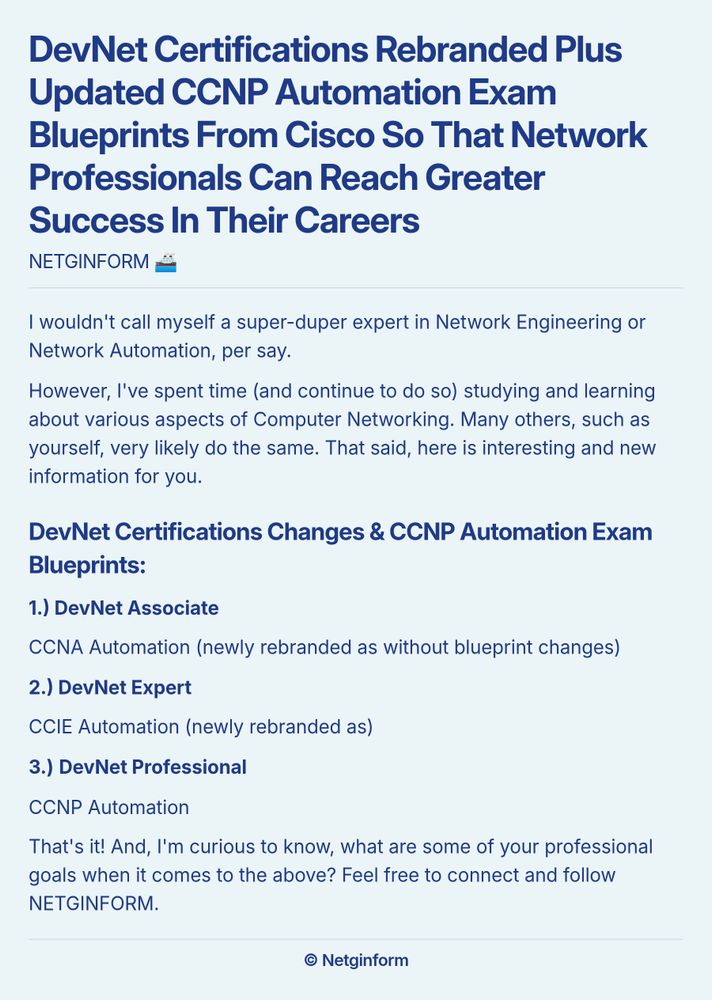 A screenshot essay titled 'DevNet Certifications Rebranded Plus Updated CCNP Automation Exam Blueprints From Cisco So That Network Professionals Can Reach Greater Success In Their Careers'. The body text discusses the author's journey in learning about network engineering and automation. It highlights changes in DevNet certifications, specifically: 1. DevNet Associate - CCNA Automation (newly rebranded). 2. DevNet Expert - CCIE Automation (newly rebranded). 3. DevNet Professional - CCNP Automation. The author encourages readers to reflect on their professional goals related to these certifications and invites them to connect with NETGINFORM.