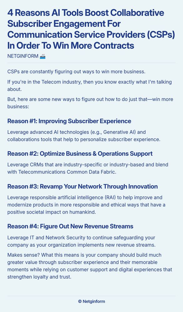 A screenshot essay titled '4 Reasons AI Tools Boost Collaborative Subscriber Engagement For Communication Service Providers (CSPs) In Order To Win More Contracts'. The content outlines four key reasons CSPs can improve business: 1. Improving Subscriber Experience through AI technologies; 2. Optimizing Business & Operations Support using industry-specific CRMs; 3. Revamping Networks with responsible AI for ethical product modernization; and 4. Identifying New Revenue Streams by leveraging IT and Network Security. The conclusion emphasizes building value through enhanced subscriber experiences and strong customer support, fostering loyalty and trust.