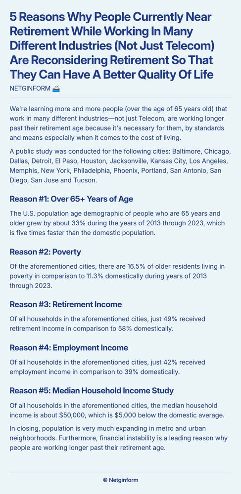 A screenshot essay detailing five reasons why people aged 65 and older, across various industries, are reconsidering retirement for better quality of life. The discussion begins with the observation that many older individuals are working beyond retirement age due to cost of living pressures. A public study covers multiple U.S. cities, highlighting demographic changes: a 33% increase in the population aged 65+ from 2013 to 2023. Key reasons outlined include: 1) 16.5% of older residents living in poverty compared to 11.3% nationally; 2) Only 49% of households in these cities receive retirement income versus 58% nationally; 3) 42% of households earn employment income compared to 39% domestically; and 4) A median household income of $50,000, $5,000 below the national average. The essay concludes by emphasizing financial instability as a crucial factor driving older individuals to work longer.