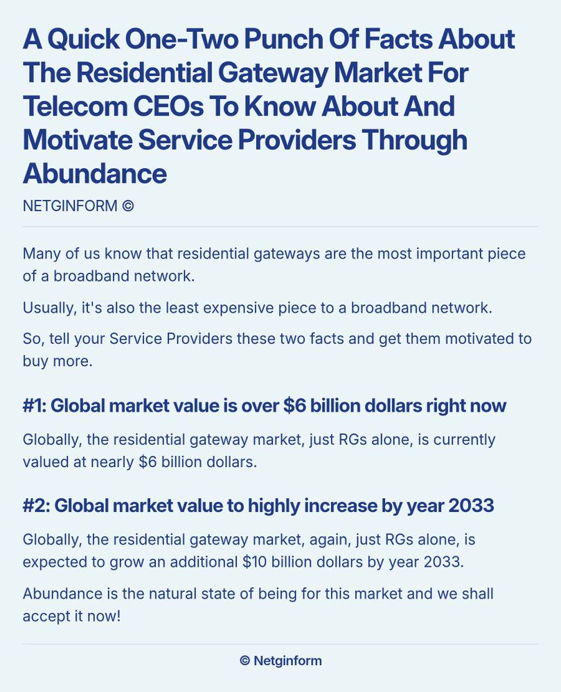 A screenshot essay titled 'A Quick One-Two Punch Of Facts About The Residential Gateway Market For Telecom CEOs To Know About And Motivate Service Providers Through Abundance'. The essay discusses the significance of residential gateways in broadband networks, highlighting that they are the most important yet least expensive component. It presents two key facts: firstly, the global market value of residential gateways is currently over $6 billion; secondly, this market is projected to grow by an additional $10 billion by the year 2033. The conclusion emphasizes the concept of abundance as the natural state of the market.