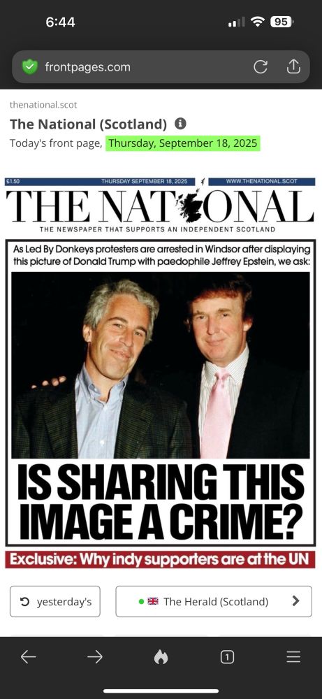 Image of Trump and Epstein on the front page of Scottish newspaper, The National, with words “Is sharing this image a crime?”