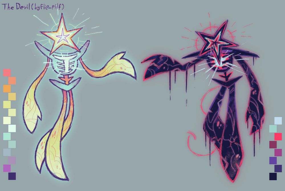 My oc, The Devil! (yeah that guy from the bible) a former angel that fell from heaven a long time ago. The art shows two forms, the one in the left is beautiful, colorful, and majestic. Representing the time he was the brightest cherubim of all. Now the form in the left is how he currently looks like, a more menacing and powerful, but broken and corrupted husk of what he once was. His body is little by little melting and tearing apart, the only thing that keeps it from collapsing is a small remain of holyness inside him, one he fights to keep inside, one he begs to not escape.