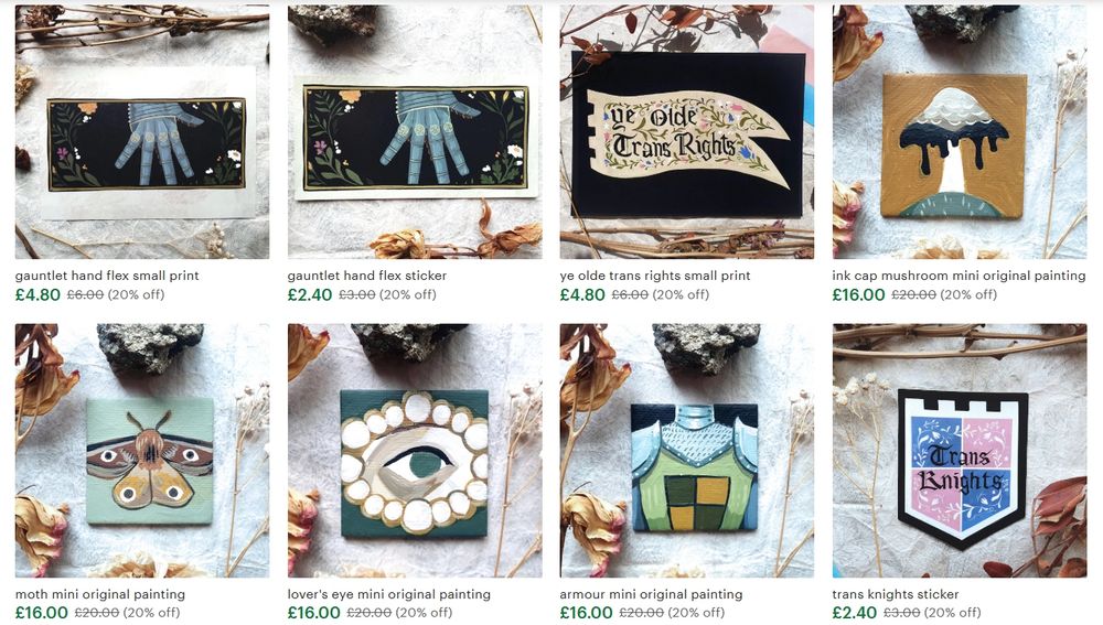 Screenshot of part of my etsy shop showing 20% off all items.