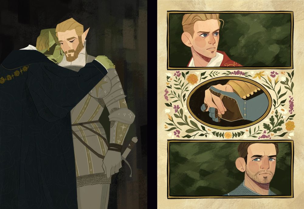Two portrait aligned digital illustrations.
Left: An illustration based on the painting called The Conversion of the Duke of Gandía by José Moreno Carbonero. It depicts two knights: one green skinned and haired, wearing a dark blue cloak embellished with gold details. The other is wearing a silvered suit of armour with golden patterns, detailed with stair motifs. The green knight holds the armoured knight close to him, his head resting on the other's shoulder. The armoured knight looks down with a stoic look.
Right: 
A digital illustration inspired by the pairing Hansry (Hans Capon and Henry of Skalitz from the game series Kingdom Come Deliverance). The illustration is influenced by a scene in the 2005 film Pride and Prejudice. It is separated into 3 panels. 
Panel 1: Hans Capon looks behind him in quiet shock at his bodyguard Henry.
Panel 2: Henry has touched Hans' ungloved hand with his gauntleted one in a gentle hold. The panel is surrounded by blooming flowers: herbs and plants that Henry can forage on his journey. Marigold, St John's Wort, Valerian, Sage, Chamomile, and Dandelion.
Panel 3: Henry meets Hans' eyes with an unreadable expression. He quietly yearns beneath it. 