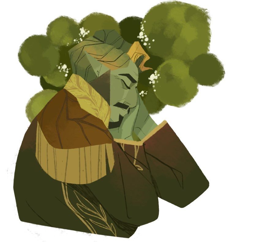 A green skinned older man sleeps among soft pillows of moss and white flowers. He rests his head on his folded hands. He wears his oath of the crown guard uniform.