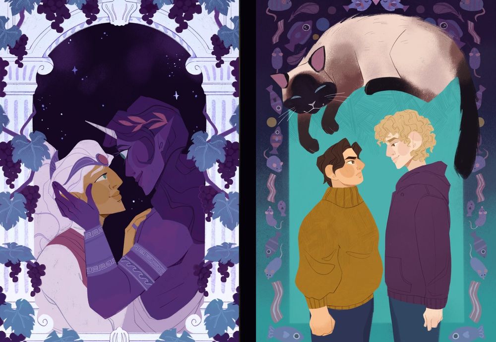Two portrait aligned digital illustrations of book covers.
Left: An illustration of Afaeran and King Galdor from the webcomic Wundor. They stand in the centre, facing each other. They are bordered by Ancient Greek inspired white columns and an arch above them. The columns are covered with grapevines, vine leaves, and hanging purple grapes. Afaerun is an oche skinned elf with flowing light pink-white hair, and wears a curved silver and ruby tiara, he smiles as he looks at King Galdor. King Galdor is a purple skinned monarch with a single white horn growing from his head. He has flowing dark purple hair, and wears a red leaf laurel. He holds Afaerun's cheek in a romantic embrace.  
Right: Two male characters stand in front of each other, staring at the other. One is shorter, and wears a mustard yellow jumper, looking annoyed. The other is taller, with frizzy blonde hair, a purple hoodie, and looks smug. A border of cat toys surrounds them. A cat lies down, arching over the two men, and has a smile on his face.