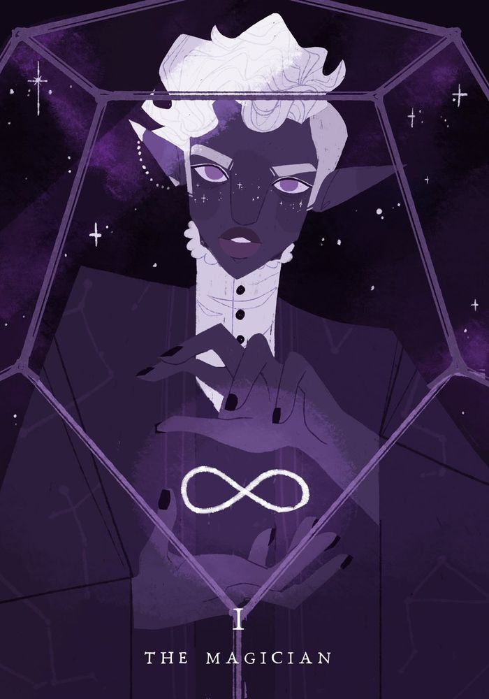 A digital illustration of Essek from Critical Role Campaign 2. Essek is a purple skinned drow elf who looks directly at the viewer. He has an undercut, and white wavy hair. He holds his hands in front of him, and in the space in between is the symbol of infinity. 