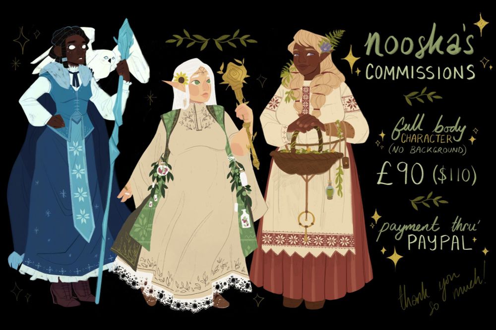 nooska's commissions are OPEN! full body character with no background is £90 ($110 USD). payment through paypal! <3