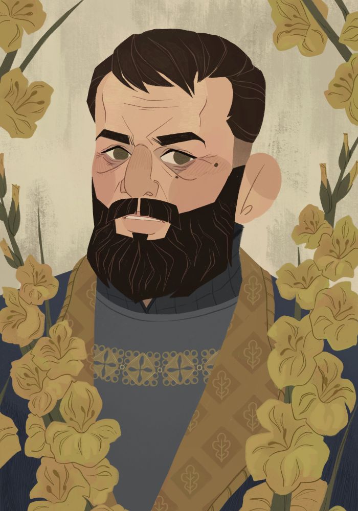 A digital illustration of Sir Hanush from Kingdom Come Deliverance (and also history). He has short cropped brown hair and a full dark beard. He has hazel eyes. He wears a breastplate adorned with gold metal details. He wears a blue and gold robe. He is surrounded by yellow gladiolus flowers.