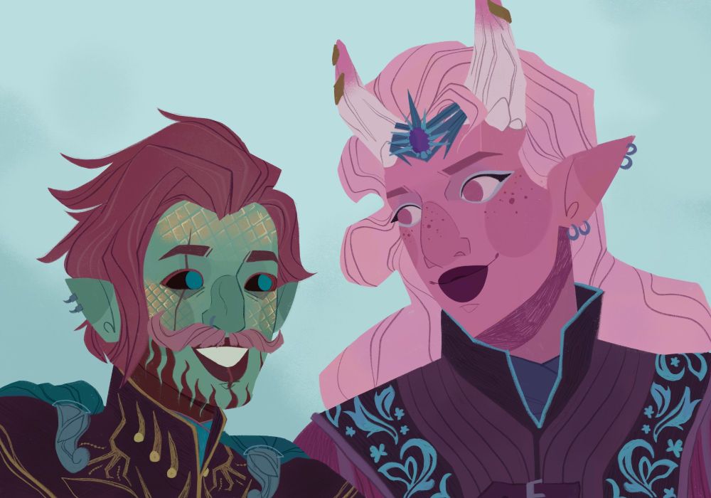 Digital illustration of two character busts. One is a teal green skinned man with a pink curly moustache and red wavy hair. His eyes are black with blue irises. He grins in a wide smile at the person next to him. 
The other person is a pink skinned tiefling with white horns. She has light pink long hair, pink eyes and dark purple lipstick. She wears a crown inset with a purple gemstone, and small silver hooped earrings. 