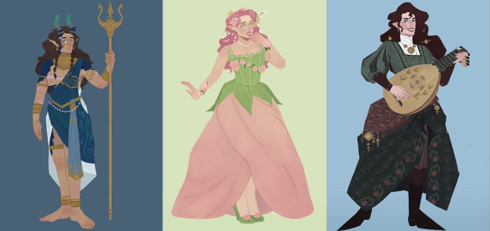 Commission examples of full body character illustrations. 1. A digital full body illustration of a merfolk man. He has tan skin and green eyes with long lashes. He has two horns that grow out of his head that fade from dark blue to green to teal. He has long wavy thick brown hair that ends at his waist. He wears a Grecian inspired tunic of blue and white fabric, and gold jewelry across his body. He holds a golden trident. 2. Digital illustration of a full body character. Opal is a white-skinned elf with pink hair that flows delicately down her back. Flowers grow in her hair. She wears a stay corset that flows into a pink petal themed dress. 3. A digital illustration of a full body character. Dalia is a white woman with wavy dark red hair. She has desaturated green eyes, and a confident grin on her face. She holds a lute decorated with leaves and patterns. She wears a green dress embellished with patterns and gold trim. Her skirt is dark green with a faded pattern of red flowers. There is a red scarf tied around her waist with gold beads hanging off it. She wears dark brown boots.