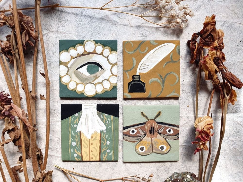 A photo of 4 5cm by 5cm canvases painted with gouache. From top left corner:
1. A lover's eye brooch surrounded by a border of pearls and gold.
2. A feather quill dipped in a pot of ink on a mustard yellow background.
3. A yellow rococo waistcoat and green rococo jacket, with a white lacy cravat tied at the throat. 
4. A spooky moth with eyes on its wings.