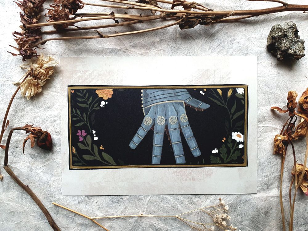 Photo of my illustration of the 2005 mr darcy handflex but make it knights as a small print.