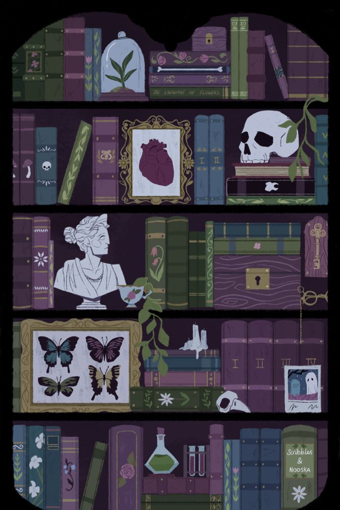 A digital illustration of a purple, green, and grey-blue themed bookshelf.  The book shelf is filled with old tomes, Victorian inspired knick-knacks such as keys, teacups, candles, and a flask of a potion. On one of the shelves there is a framed picture of an anatomical human heart, along with a skull resting on a stack of books. On another shelf, there is a bust of Diana the Greek goddess. 