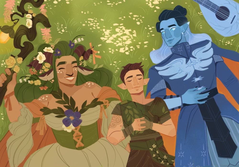 A landscape illustration of Fearne, Orym, and Dorian from Critical Role. They are lying down in a field of grass. Fearne is laughing, holding her staff. Orym has his eyes closed, a warm smile on his face. His hands are interlocked over his chest. Dorian looks at the two of them, smiling. 