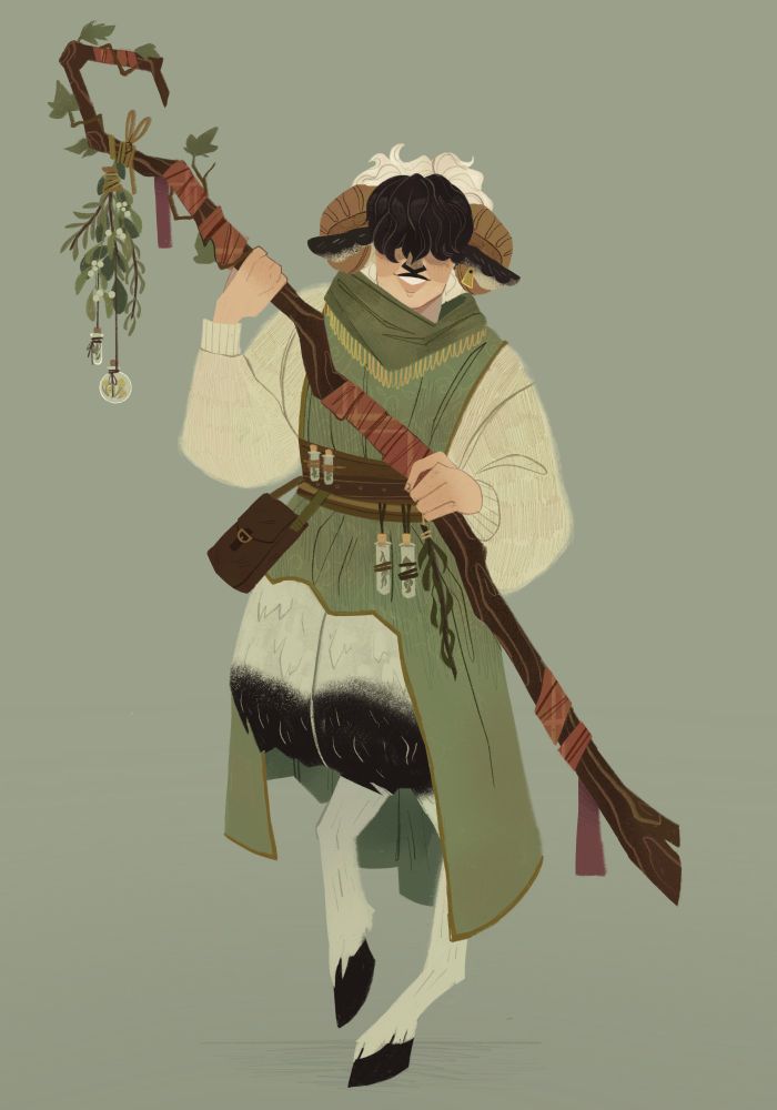 Digital illustration of a satyr. He holds a twisted branch of a staff, it's wrapped in red plaid scraps of material, and has plants (ivy, rosemary, mint, and mistletoe) and bottles hanging from its crooked top. He wears a cream woolly jumper, and a green tunic over the top. It's held together at his waist with multiple belts, straps, and twine. 
His goat legs are cream coloured, with black splotches at the knees. 
He smiles, and his eyes are covered with a curtain of a black fringe. He has brown curved ram horns, and a white crop of curly hair.