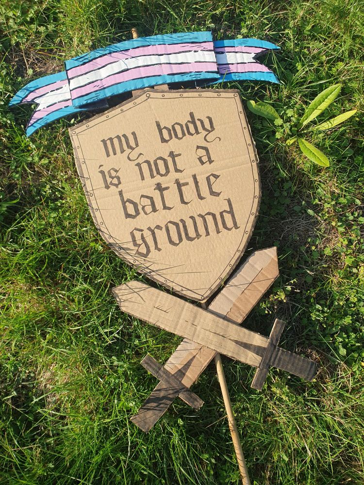 Photo of a protest placard. It has a trans flag at the top. Below, is a shield with "my body is not a battleground" on it, written in a medieval inspired font. Below that are two crossed swords.